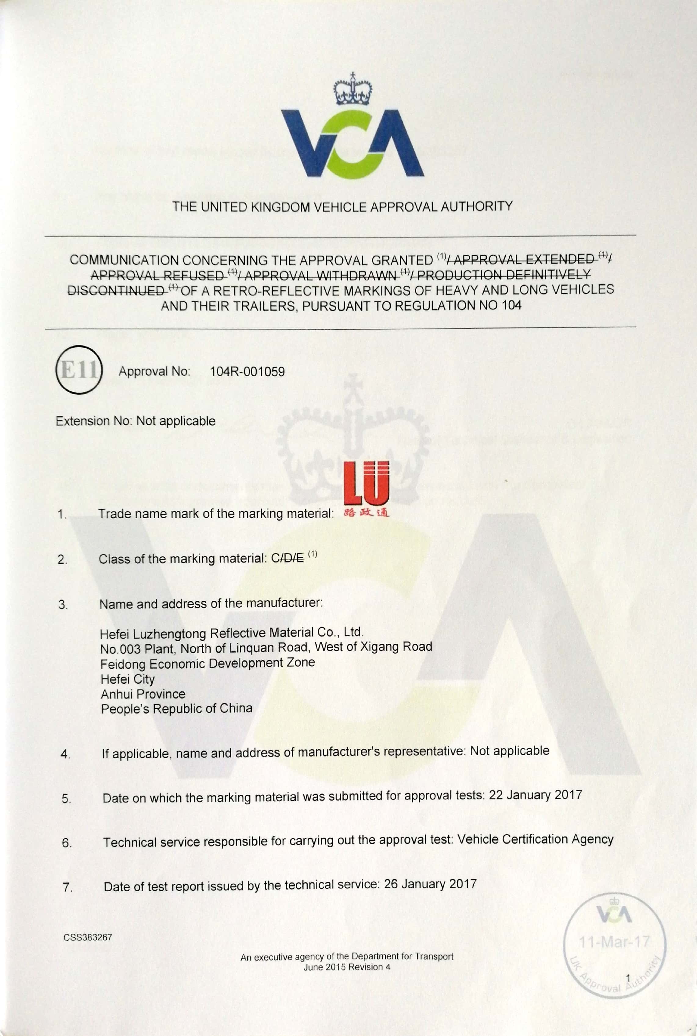 Porcelana Hefei Lu Zheng Tong Reflective Material Co., Ltd. Certificaciones